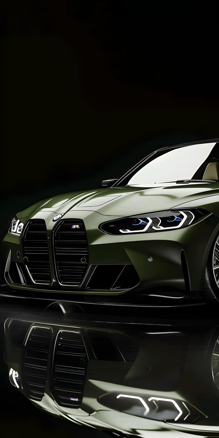 This high-contrast BMW M4 Competition 4K wallpaper features a striking deep green finish reflected on a polished black surface. Perfect for an iPhone lock screen, this OLED / AMOLED wallpaper utilizes deep blacks and sharp LED headlight details to create a moody, premium aesthetic.