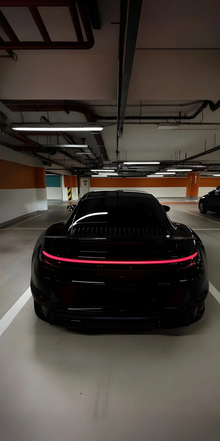 Download this sleek Porsche 911 wallpaper in 4K for your iPhone. The image features a black Porsche with a distinctive single red taillight bar, parked in a modern-looking garage.