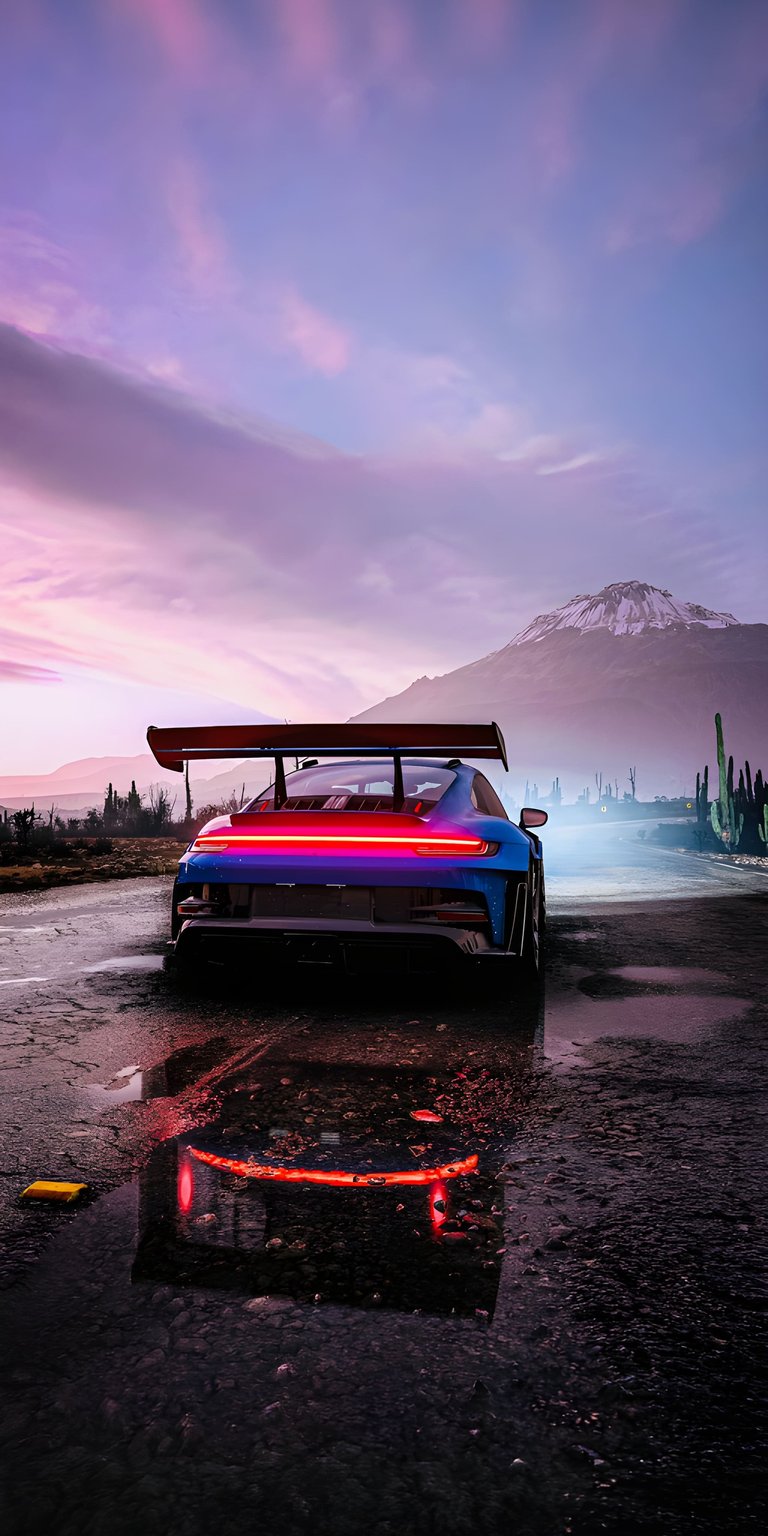 Porsche 4K wallpaper featuring glowing red taillights, wet road reflections, and a dramatic dusk sky. This aesthetic wallpaper looks stunning on iPhone lock screen and home screen, giving your wallpaper a bold and cinematic sports car vibe.