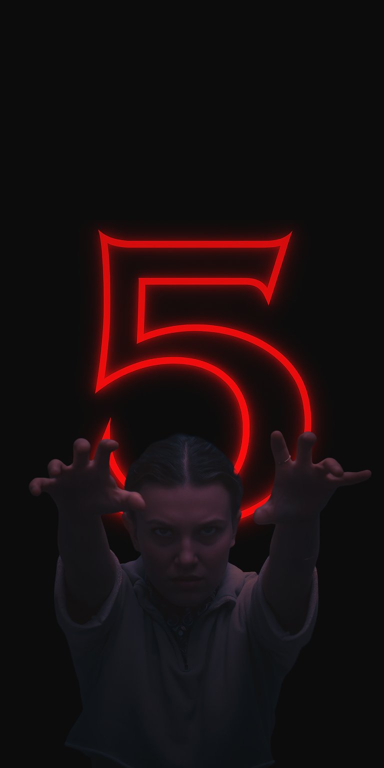 Download this stunning Eleven wallpaper in 4K for your iPhone, featuring the character with her hands outstretched and a glowing red "5" behind her. This iPhone wallpaper captures the mysterious vibe of the series.