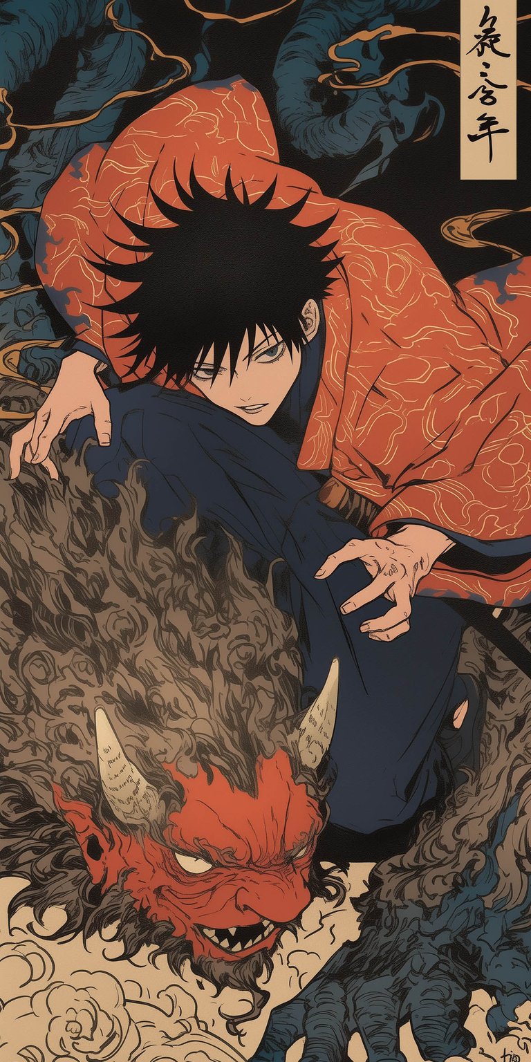 This Aesthetic wallpapers choice features Megumi Fushiguro in a striking traditional red kimono atop a summoned creature. Optimized for iPhone, this 4K wallpaper captures a bold ukiyo-e art style with deep earth tones and intricate line work.