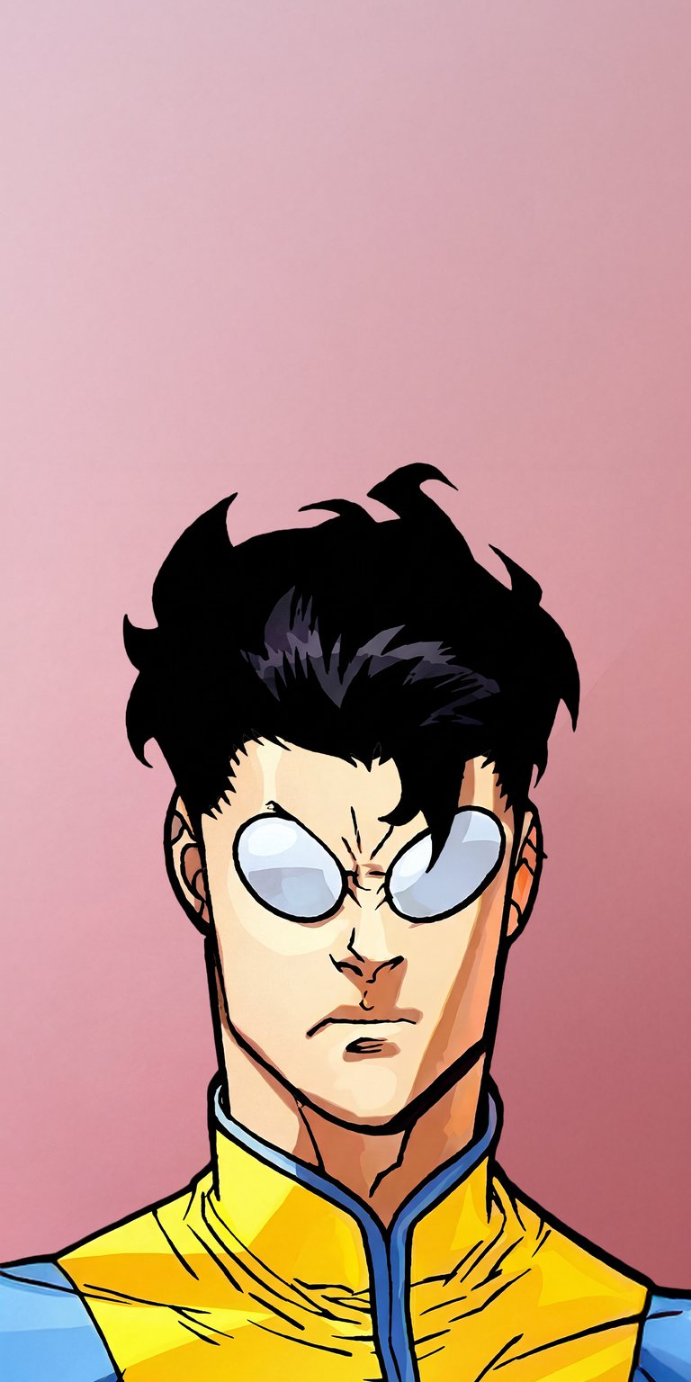 Invincible glasses portrait wallpaper presented as an aesthetic wallpapers style wallpaper for iPhone, focused on a clean illustrated close-up. This wallpaper features soft pink background tones, flat comic lighting, and a serious, focused mood with clear depth.