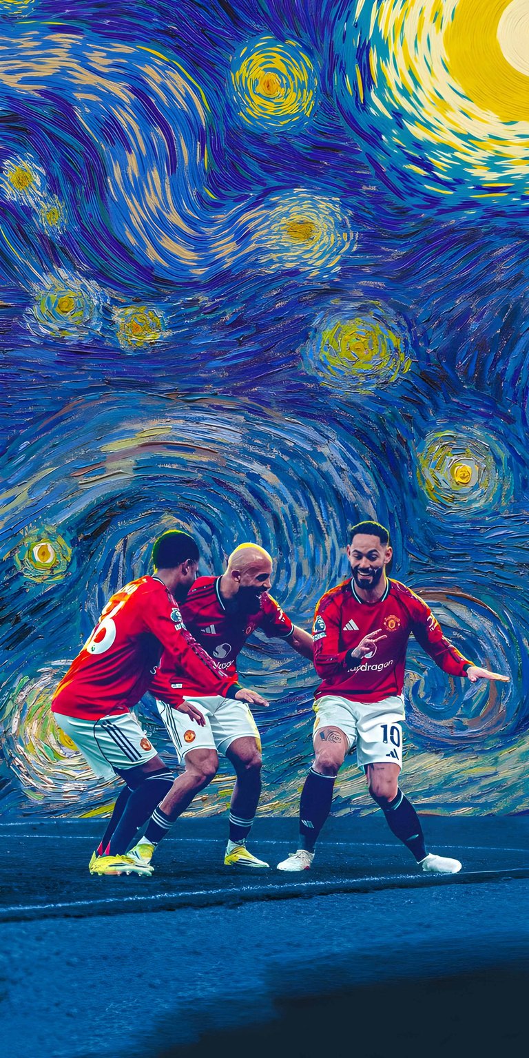 Manchester United 4K wallpaper for iPhone featuring a painted night-sky backdrop with swirling blue and yellow strokes. This aesthetic wallpapers style wallpaper blends vibrant colors, artistic depth, and an energetic match-day mood.