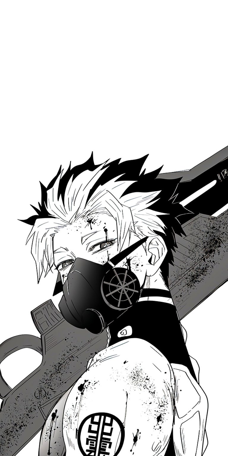 A powerful and atmospheric black-and-white illustration of Gen Narumi (the character from Kaiju No. 8), featuring his signature spiky two-toned hair, gas mask, and large weapon. This artwork captures the intense and dominant presence of the First Division Captain. Perfect for fans of the show and those who enjoy a dark, cinematic, and epic aesthetic for their screen.