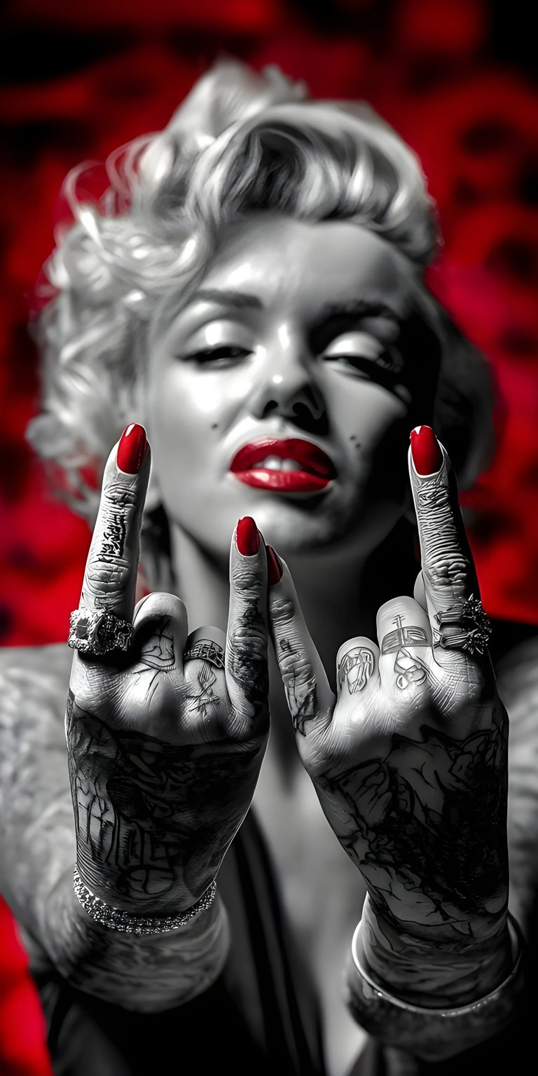 Download this captivating Marilyn Monroe 4K wallpaper for your iPhone, showcasing her iconic red lipstick and edgy hand tattoos. This stunning wallpaper features a black and white image with vibrant red accents against a blurred red backdrop.