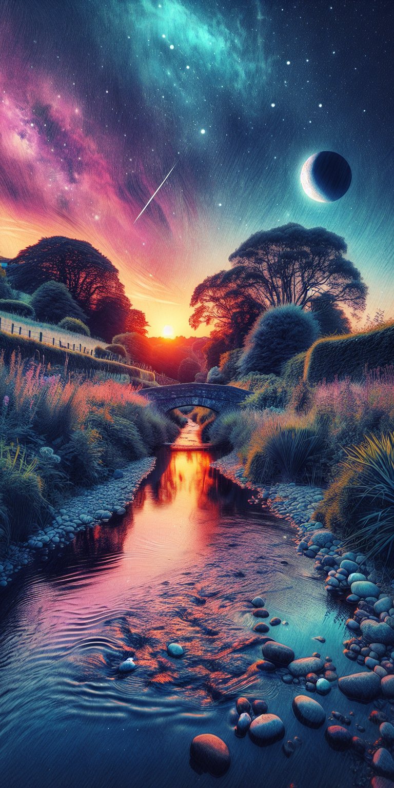 Scenery of a shallow river and outer space wallpaper