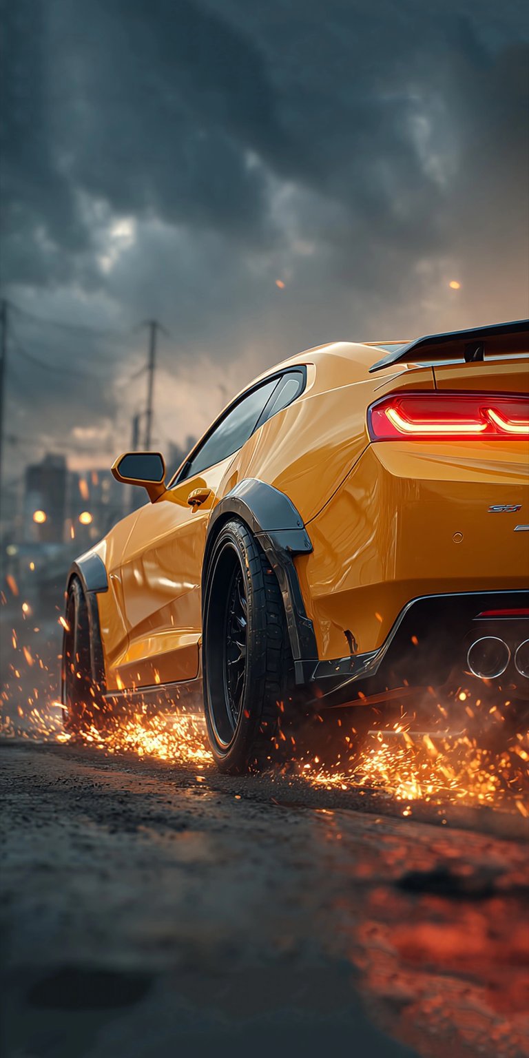 Download this stunning Camaro 4K wallpaper for your iPhone, featuring a yellow Camaro with a spoiler and sparks flying off the tires. This high-resolution wallpaper will make your mobile device stand out.