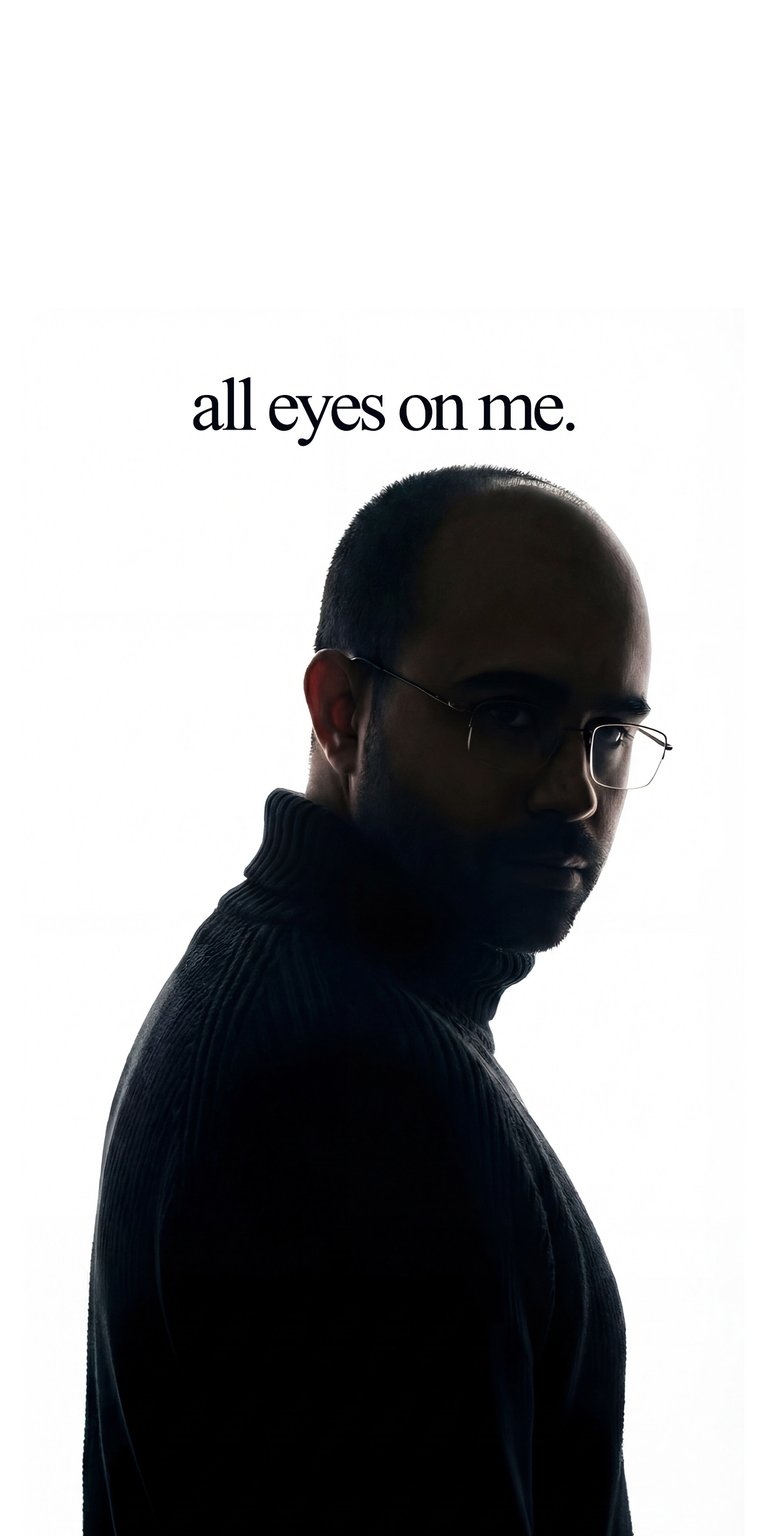 Danny Slicer All Eyes On Me Static wallpaper featuring a minimalist composition with a clean white background and dramatic dark side lighting. This minimalist wallpaper for iPhone highlights a shadowed portrait in profile with bold “all eyes on me.” text above, creating a strong lock screen or home screen aesthetic.