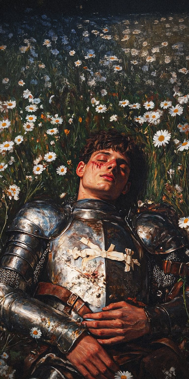 Download this captivating Knight 4K wallpaper for your iPhone, featuring a fallen knight in shining armor amidst a field of daisies, his face bearing the marks of battle. This stunning wallpaper showcases intricate armor details and a serene yet somber scene.