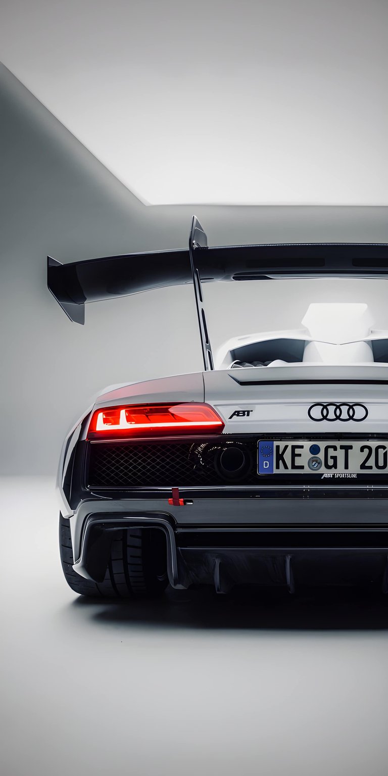 Audi R8 4K wallpaper showcasing a rear view with bright red taillights and a large performance spoiler. This aesthetic wallpaper adds aggressive automotive style to your iPhone lock screen and home screen.