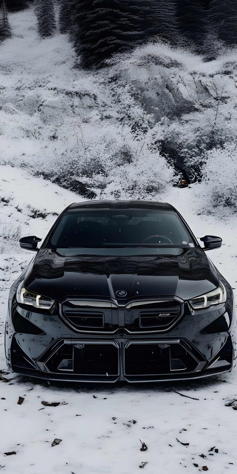 High-contrast BMW M2 4K wallpaper featuring a sleek black finish against a stark, white snowy landscape. This OLED / AMOLED wallpaper is perfect for an iPhone lock screen, highlighting the aggressive front grille and moody winter lighting.