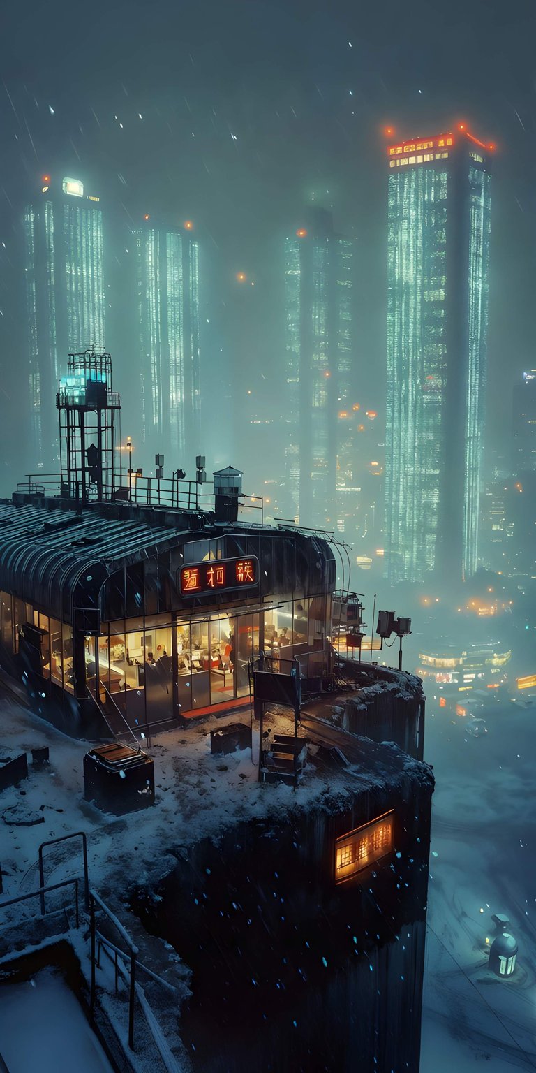 Immerse yourself in this stunning 4K cyberpunk city wallpaper, perfect for your iPhone. This wallpaper showcases a snowy rooftop restaurant with glowing neon signs and towering, illuminated skyscrapers shrouded in a misty atmosphere.