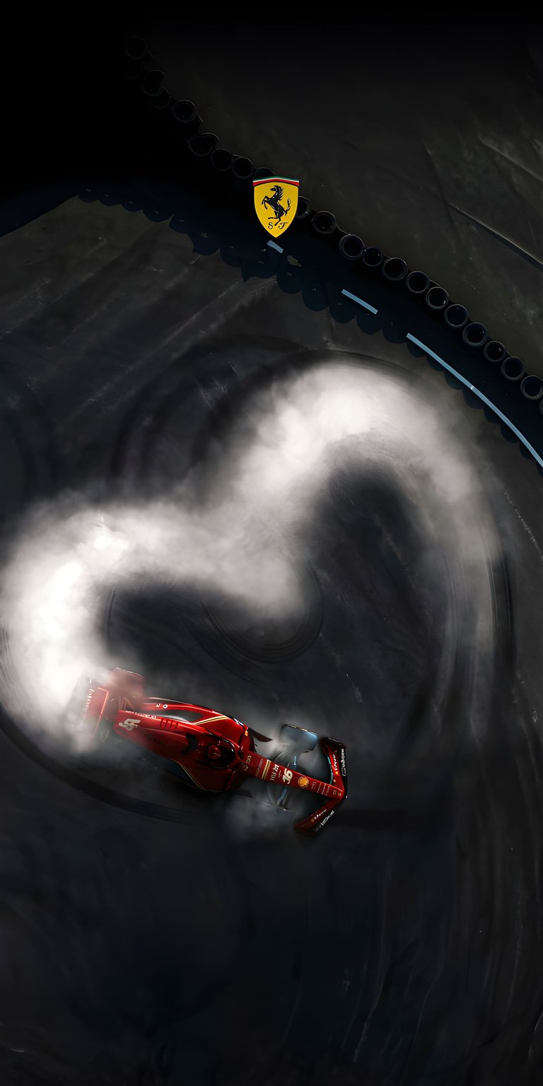 This 4K wallpaper features a red Ferrari Formula 1 car drifting to create a smoke heart on the track. Download this high-performance iPhone wallpaper to showcase your love for elite racing and Italian engineering.