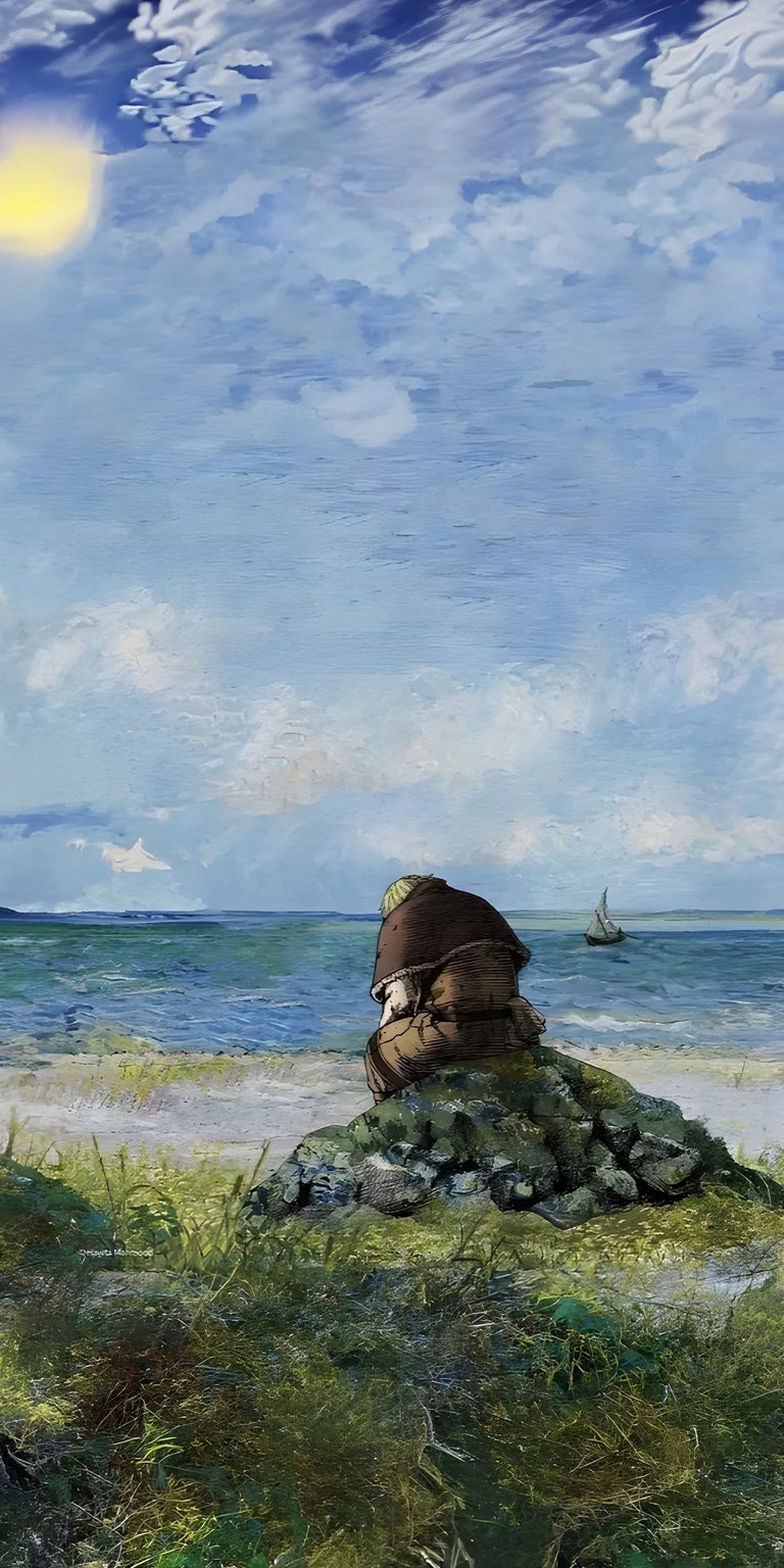 Download this peaceful Old Man 4K wallpaper for your iPhone, showcasing the figure in a brown cloak sitting on a rocky outcrop. This stunning wallpaper features a serene ocean view and a distant sailboat.