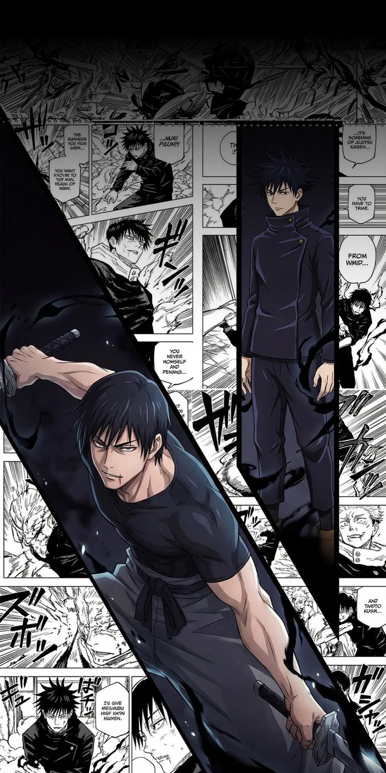 Download this dynamic Toji Fushiguro wallpaper in stunning 4K resolution for your iPhone, showcasing the manga panel style, a man wielding a blade, and dark shadow effects. This Jujutsu Kaisen wallpaper is sure to make your phone stand out.