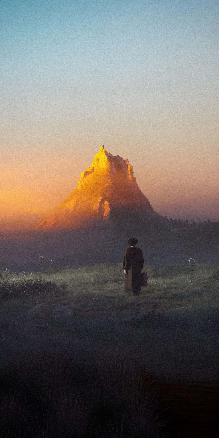 Download this amazing Wanderer wallpaper in stunning 4K resolution for your iPhone! This wallpaper features a man with a briefcase standing in a grassy field with an orange mountain in the background, topped by a lone figure.