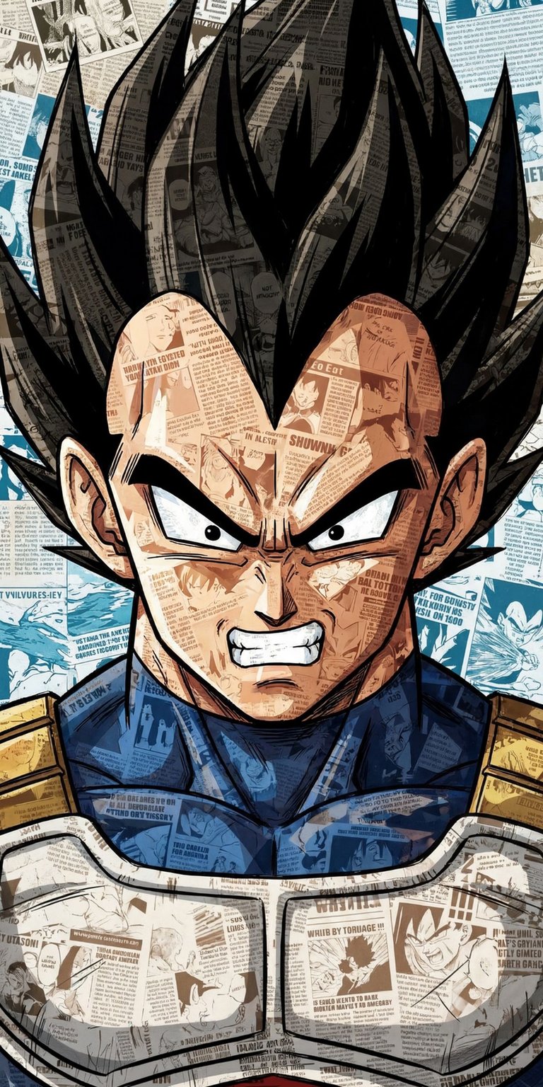 Download this Vegeta 4K wallpaper for your iPhone, showcasing a unique newspaper-style design. The Saiyan prince's intense expression and detailed armor are sure to make your wallpaper stand out.