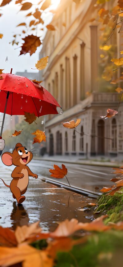 Get this Tom and Jerry 4K wallpaper for your iPhone! This matching wallpaper shows the pair walking in the rain with falling leaves, using a red umbrella, allowing you to create a seamless display across two devices.