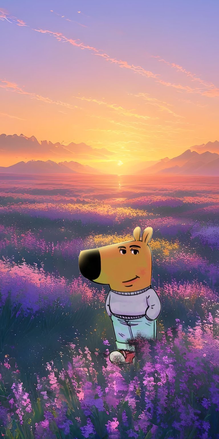 Chill Guy with purple flowers all around iphone wallpaper