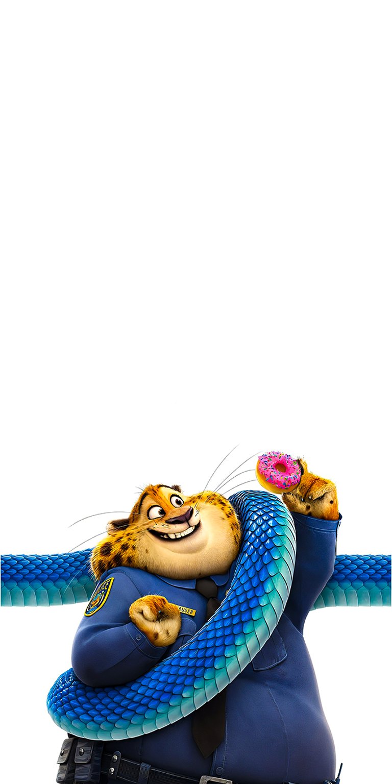 The cheerful cheetah police officer Benjamin Clawhauser, seen holding a donut, is hilariously caught by the new character, the blue snake Gary De'Snake, in this fun Zootopia 2 poster. The image is part of a series highlighting the chaos the new character brings to the mammal city. Ideal for fans of the original movie and its beloved characters. Works beautifully on iPhone, Android, and AMOLED displays.