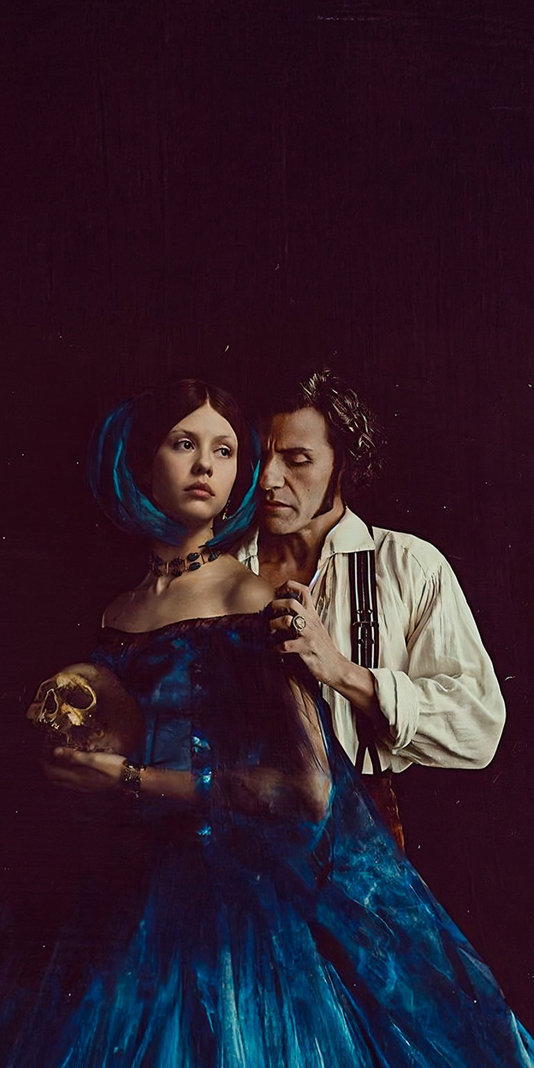 A dramatic promotional portrait for Guillermo del Toro's Frankenstein (2025, Netflix), featuring Oscar Isaac as Victor Frankenstein and Mia Goth as Elizabeth Lavenza. The image features Mia Goth holding a skull, a memento mori (a reminder of mortality), which reflects the dark, gothic themes of the novel and film. Perfect for fans of classic horror, dramatic aesthetics, and a bold, high-contrast home screen. Works beautifully on iPhone, Android, and AMOLED displays.