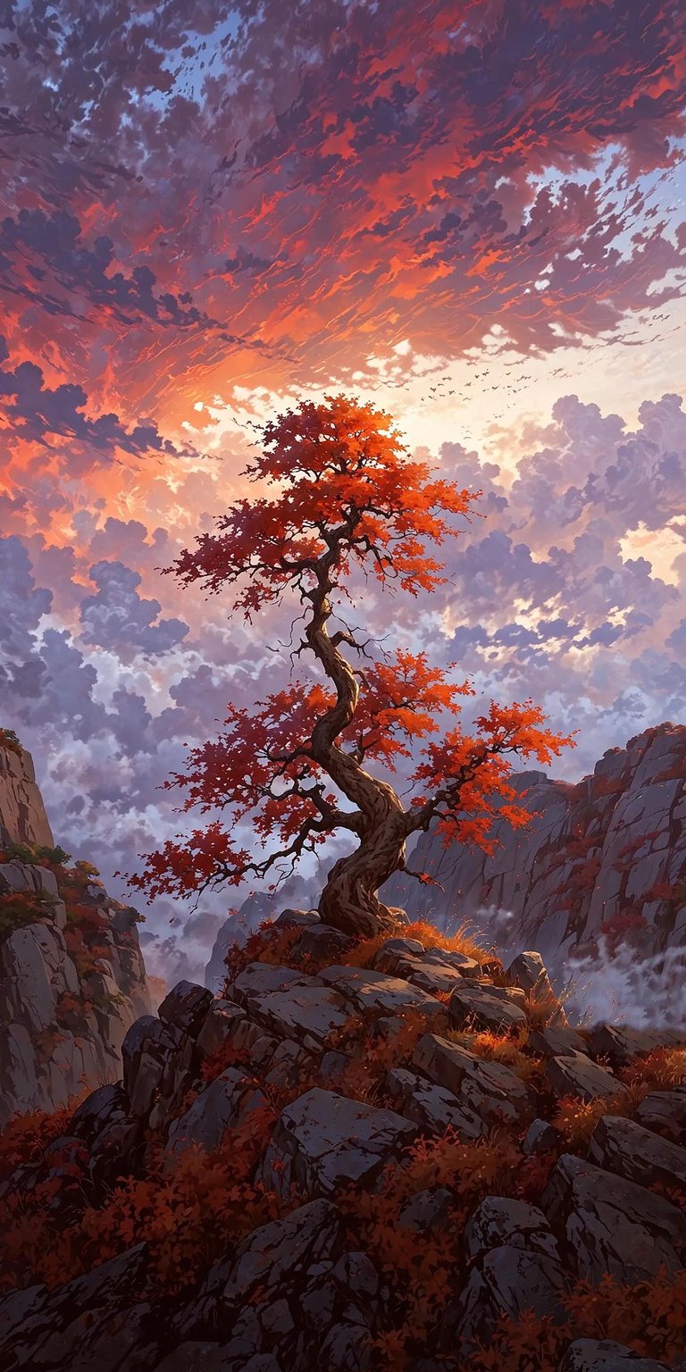 Japanese Red Maple tree on a rocky mountain iPhone wallpaper 4K