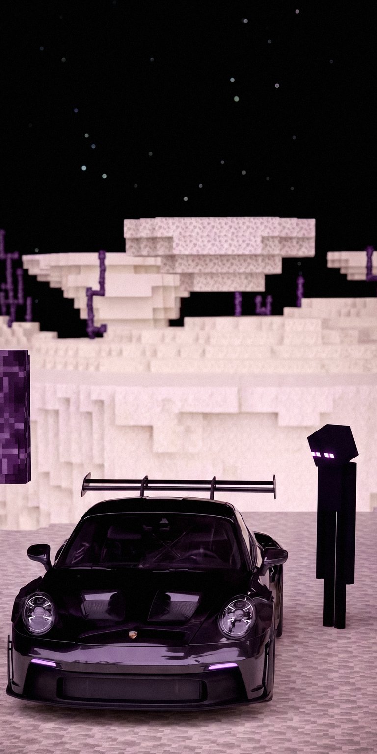 Download this cool Enderman wallpaper in 4K for your iPhone, showcasing a black Porsche parked on a blocky Minecraft surface. The unique wallpaper features the iconic Enderman standing beside the car, with a pixelated block landscape in the background and glowing stars overhead.