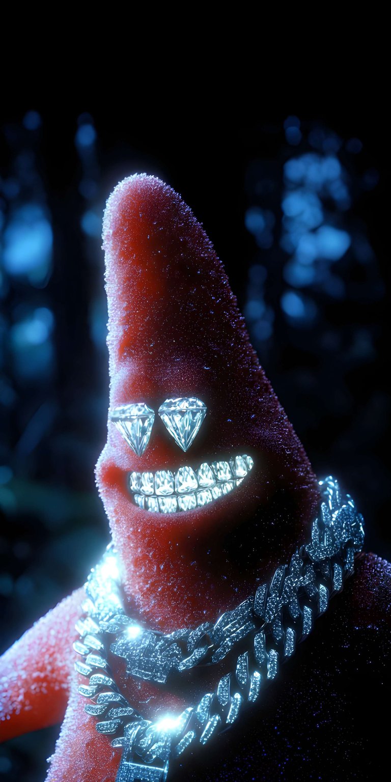stylish 3D wallpaper featuring Patrick Star rocking a diamond grill and heavy chains. Make your iPhone stand out with this "iced out" Patrick Star 3D wallpaper that blends street style with cartoon humor.