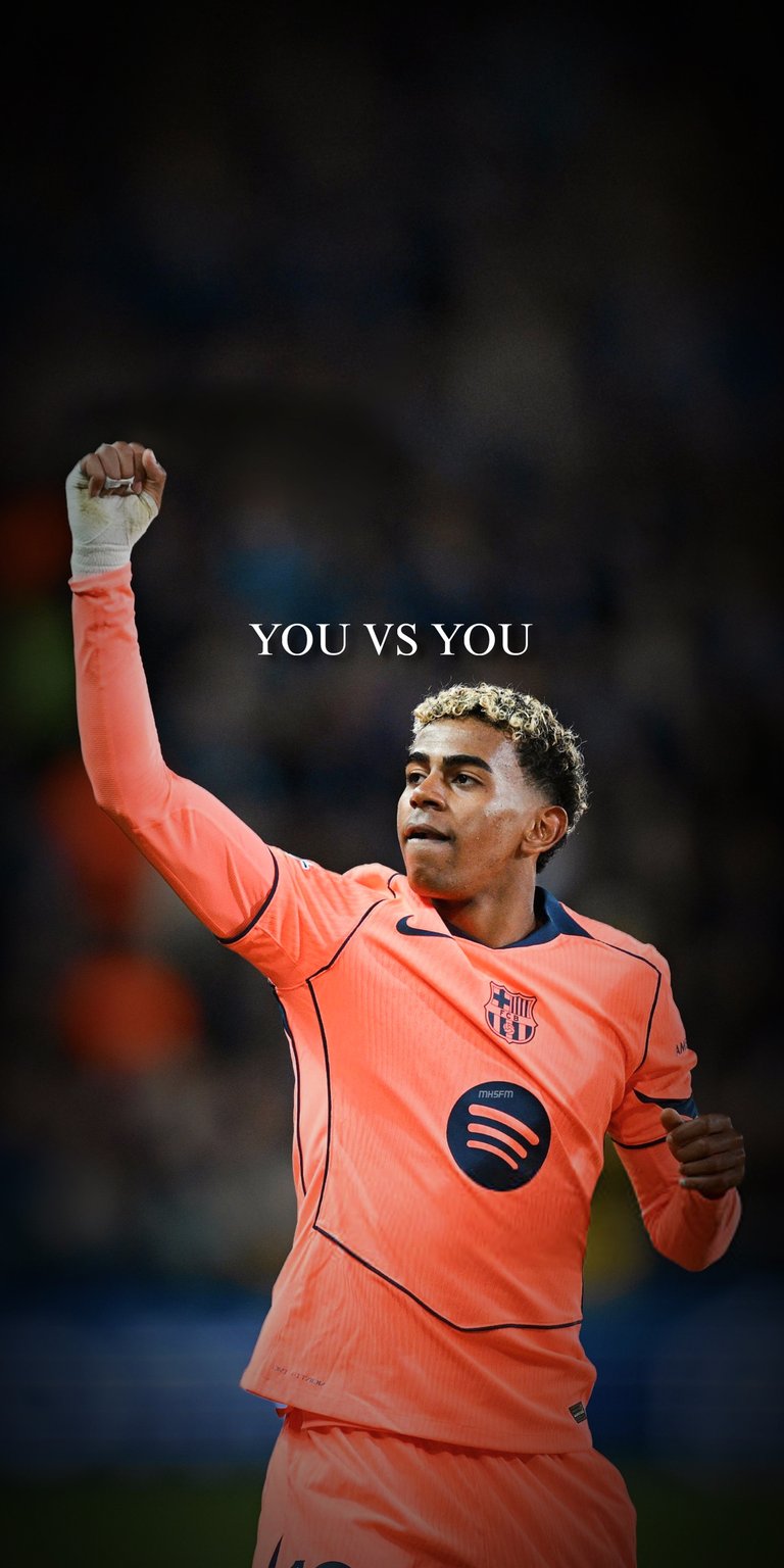 Elevate your iPhone with this stunning Lamine Yamal 4K wallpaper, showcasing the soccer star in his vibrant Barcelona jersey with a bandaged wrist, arm raised, set against a dark stadium backdrop. Download this high-definition wallpaper to capture the spirit of "You vs You" every time you glance at your screen.