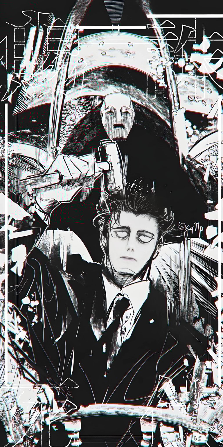 Download this striking Mob Psycho 4K wallpaper for your iPhone, featuring a dark suited man with blank eyes and a figure looming behind him wielding a hammer. This cool wallpaper showcases a unique black and white manga style.