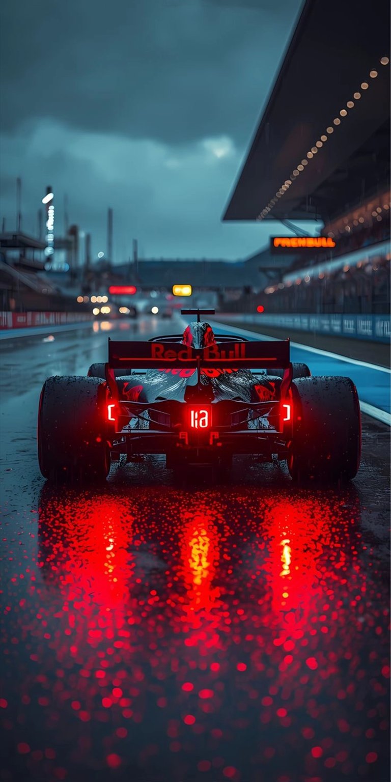 Get this Red Bull Racing 4K wallpaper for your iPhone, showcasing the back of the car with red lights reflecting on the wet track. This wallpaper captures the intensity of the race with the blurred grandstands in the background.