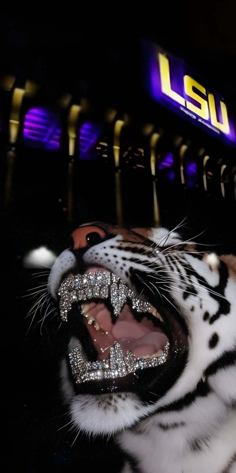 Get this fierce LSU Tiger 4K wallpaper for your iPhone! This captivating wallpaper features a tiger with diamond-studded teeth, a glimpse of the LSU stadium in the background, and a striking black and gold color scheme.