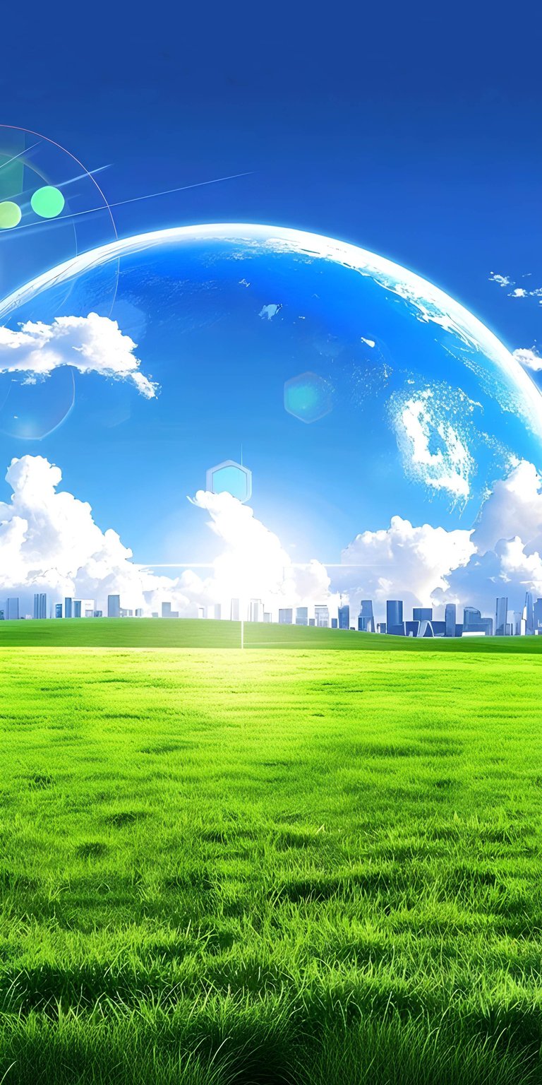Download this breathtaking Earth City 4K wallpaper for your iPhone, featuring a giant planet rising above a cityscape. This stunning wallpaper also features a vibrant green field and geometric accents.