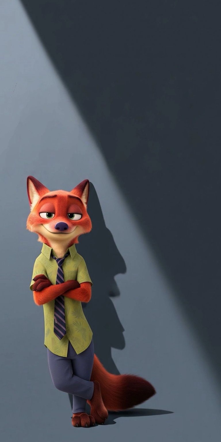 Download this captivating Nick Wilde wallpaper in stunning 4K resolution for your iPhone. Notice the fox's sly grin, striped tie, and the dramatic shadow behind him that make this wallpaper truly stand out.