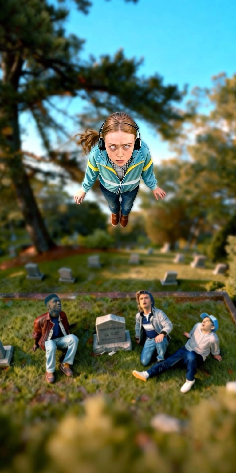 Download this striking Max 4K wallpaper for your iPhone, showcasing her levitating above a graveyard with headphones on. This high-quality wallpaper captures the surreal scene with visual details like her plaid shirt and the horrified expressions of her friends below.