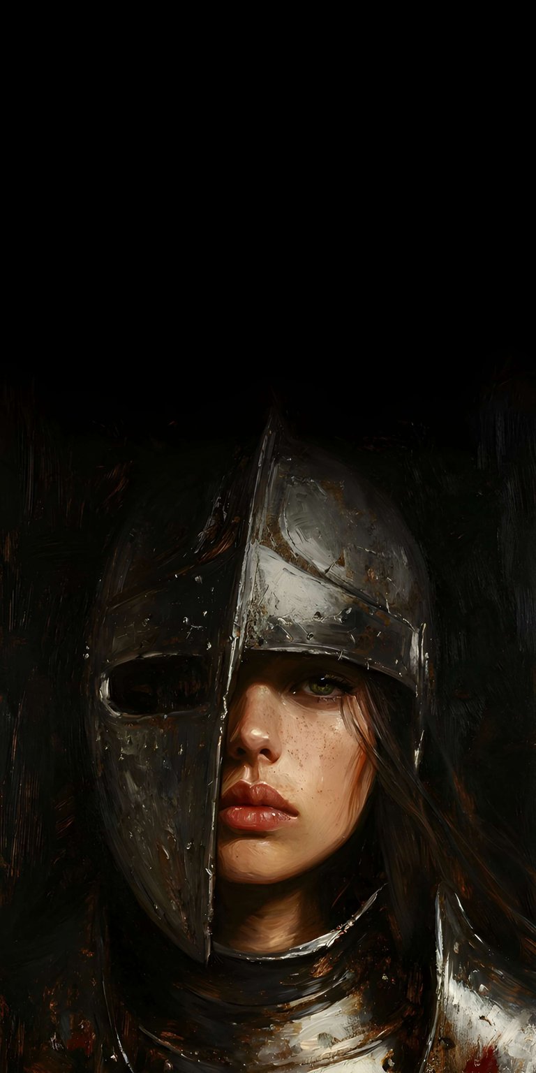 Download this striking Knight Woman 4K wallpaper for your iPhone, featuring a female knight with emerald eyes and freckled skin. This stunning wallpaper highlights her helmet, partially concealing her face, adding an air of mystery.