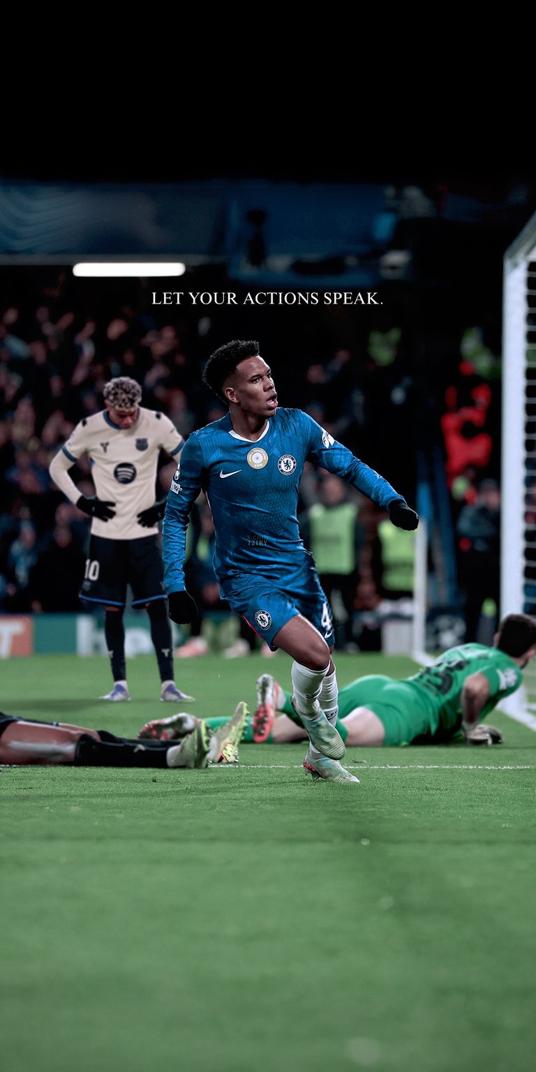 A powerful action shot of the young Chelsea forward Estêvão Willian in a Premier League match, featuring the motivational quote: "Let your actions speak". Perfect for football fans, athletes, and anyone who appreciates a hard-working, driven aesthetic.