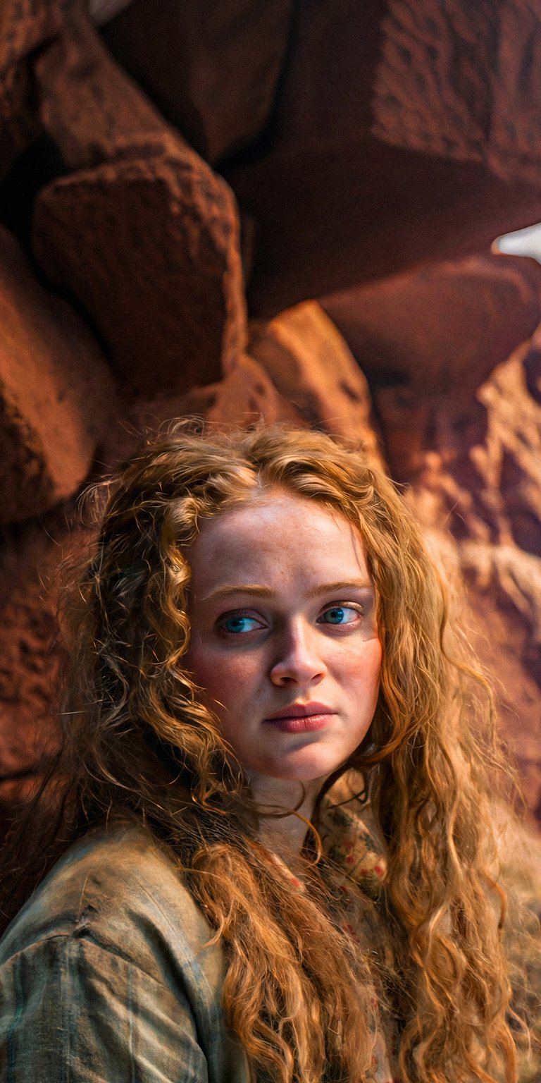 Download this Max Mayfield (played by Sadie Sink) 4K wallpaper for your iPhone, showcasing her fiery red hair and striking blue eyes. The wallpaper features Max Mayfield with an ancient stone wall backdrop.