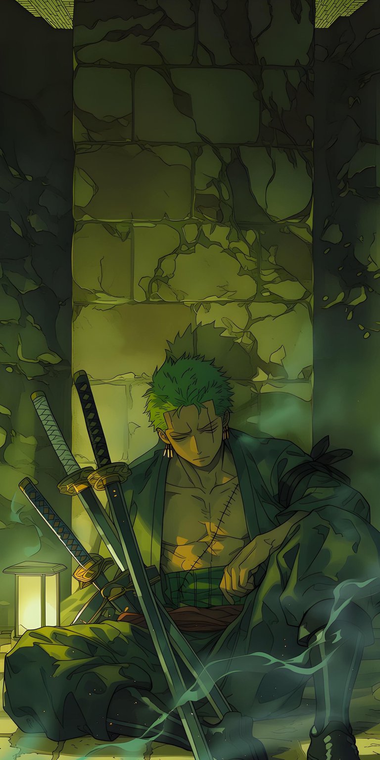 Download this aesthetic Zoro wallpaper in 4K resolution for your iPhone! The moody illustration features Zoro resting against a stone wall with multiple katanas and detailed scarification.
