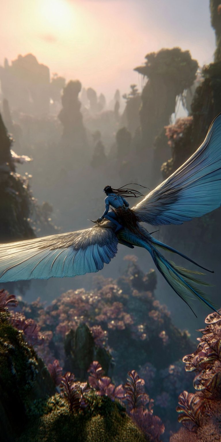 Soar through Pandora with this stunning Avatar wallpaper in 4K for your iPhone. The image features a Na'vi riding a banshee with long, flowing tail feathers, against a backdrop of floating mountains and a misty pink horizon.