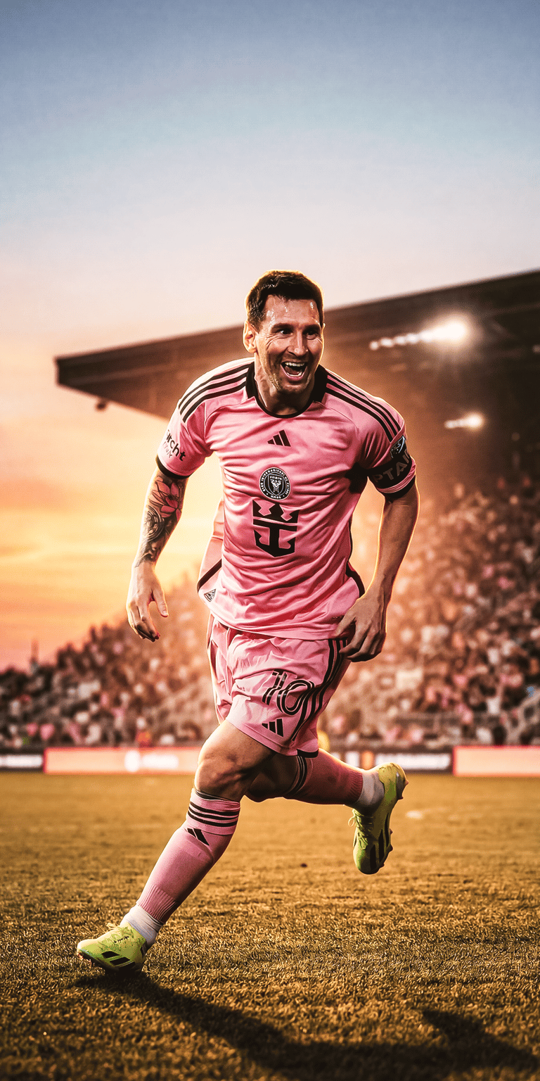 This Lionel Messi 3D wallpaper captures the football legend in his pink Inter Miami kit. The high-energy sports aesthetic wallpaper features dynamic lighting and a deep red digital clock overlay for your iPhone.