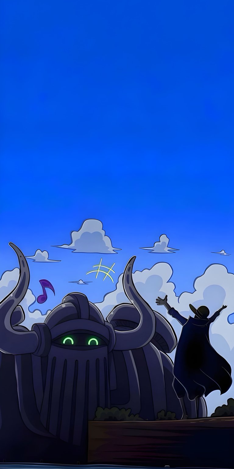 Download this Doflamingo 4K wallpaper for your iPhone, showcasing a whimsical sky with musical notes. This vibrant wallpaper captures the distinctive art style with Doflamingo extending his arms next to an enormous, stone-like structure.