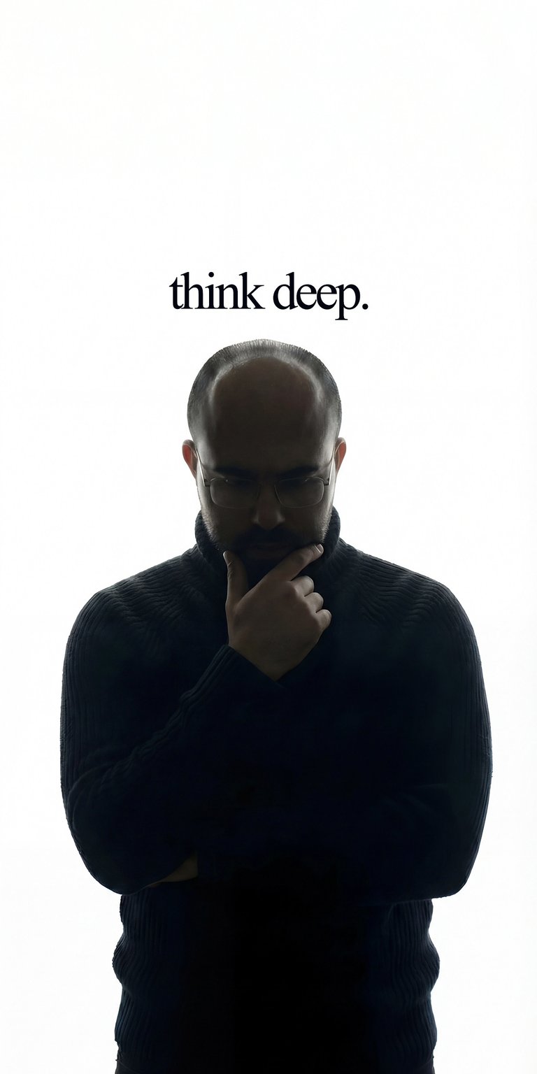 Danny Slicer Think Deep Static wallpaper featuring a minimalist composition with a clean white background and soft dramatic shadows. This minimalist wallpaper for iPhone highlights a centered portrait in a dark knit sweater with a thoughtful pose and bold “think deep.” text above, creating a calm and focused lock screen or home screen look.
