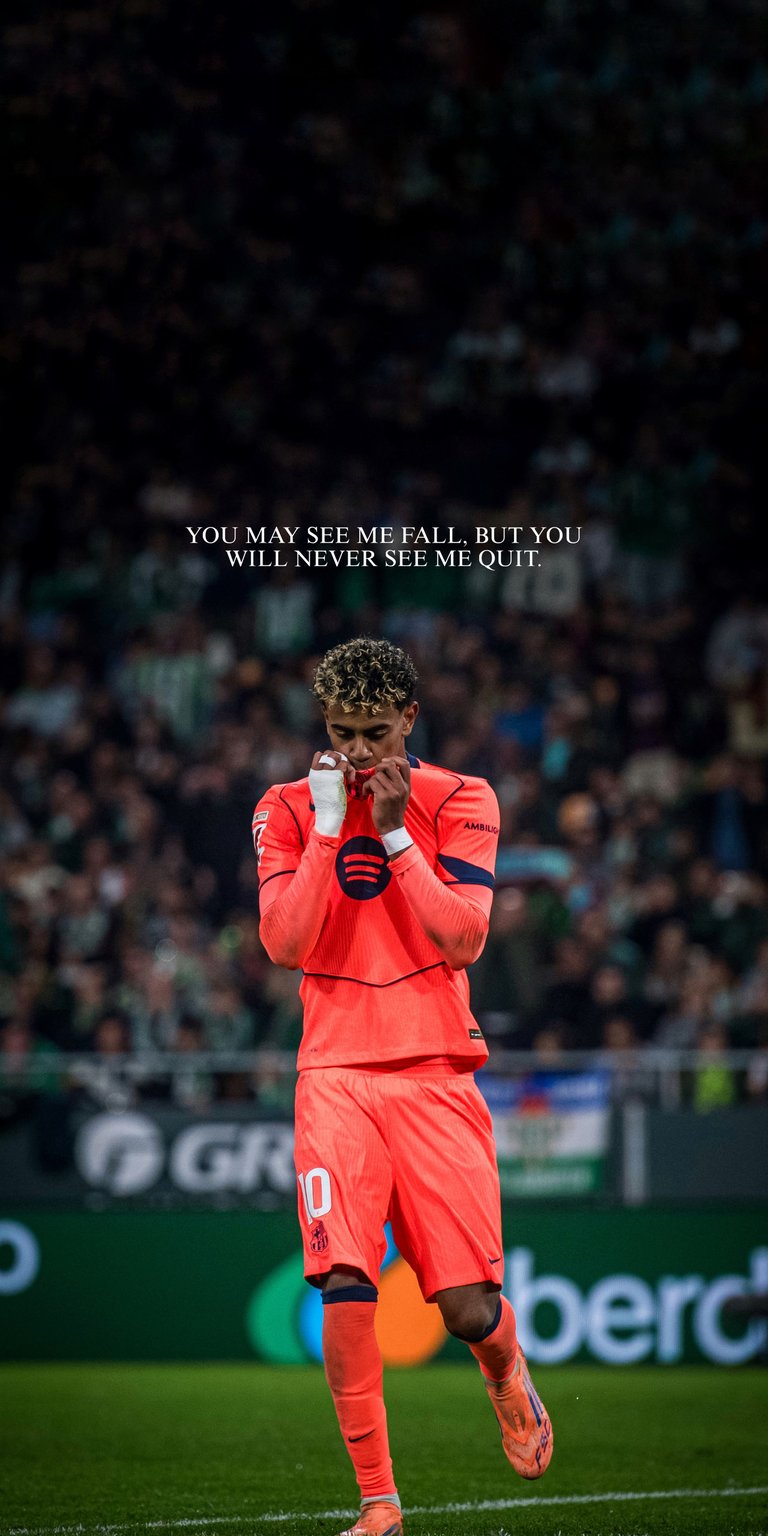This live wallpaper captures the emotional moment of Lamine Yamal, the rising star of FC Barcelona, showing deep concentration or prayer before a play. Dressed in the striking orange/coral away kit, the player is illuminated on the pitch with the inspiring quote: "YOU WON'T MISS ME NOW, BUT YOU WILL REGRET IT LATER." This is a powerful, high-definition wallpaper perfect for fans who appreciate the motivation and spirit of young talent in football.