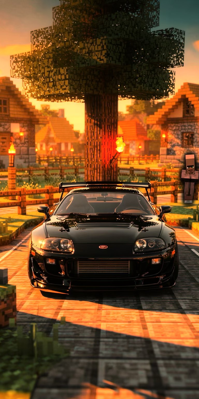 A stunning high-resolution wallpaper featuring a sleek black Toyota Supra parked in the heart of a tranquil Minecraft village. The scene is bathed in the warm, golden glow of a setting sun, highlighting the blocky architecture of the houses and the iconic "pixel-art" style of the Minecraft foliage. This fusion of automotive realism and sandbox gaming creates a unique, nostalgic vibe perfect for mobile or desktop backgrounds.