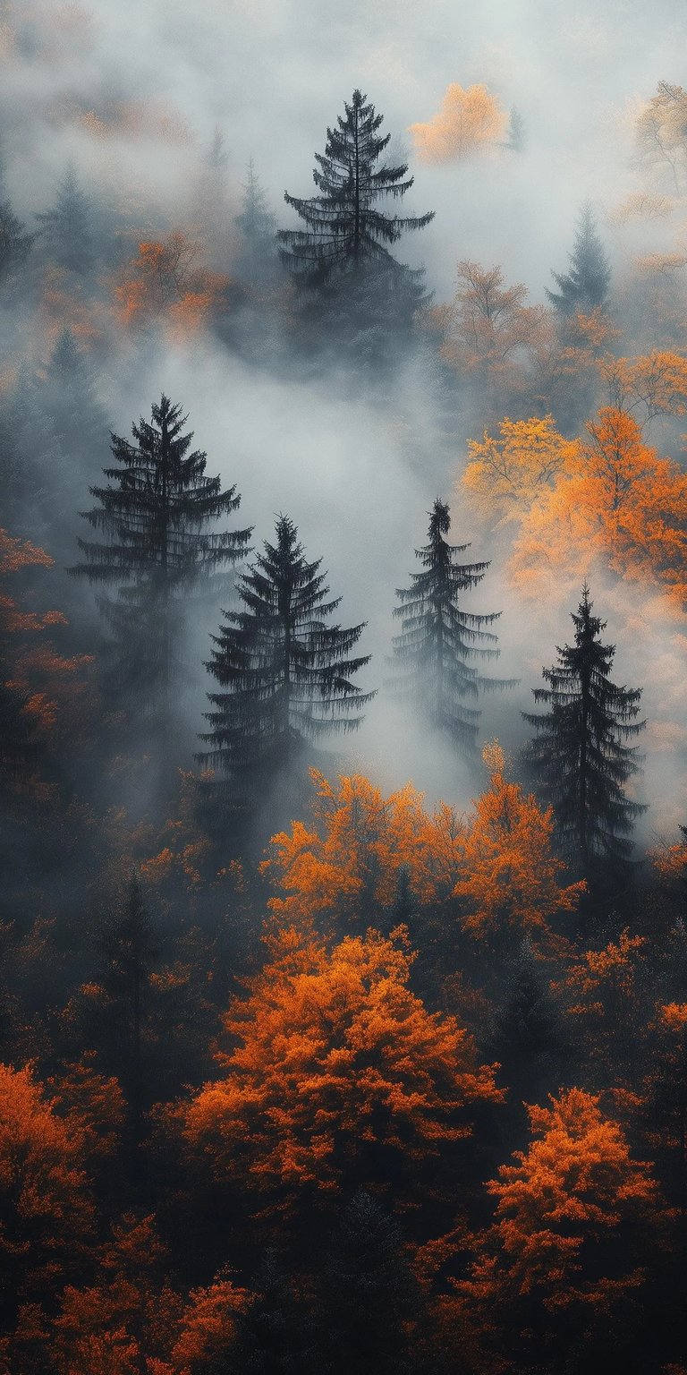 Download this stunning forest wallpaper in 4K resolution for your iPhone, featuring misty mountains, vibrant orange foliage, and towering pine trees shrouded in fog. This wallpaper provides a captivating glimpse into the serene beauty of nature.