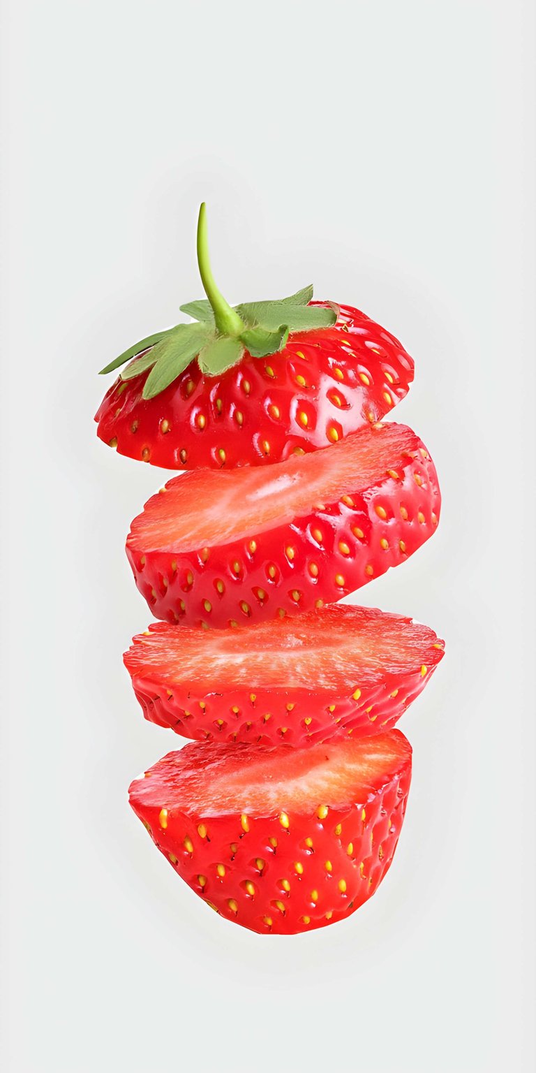 This high-resolution 4K static wallpaper features a vibrant red strawberry sliced into sections and suspended in mid-air. Designed for iPhone, this minimalist wallpapers selection offers a clean white background with sharp, natural lighting and detailed textures.