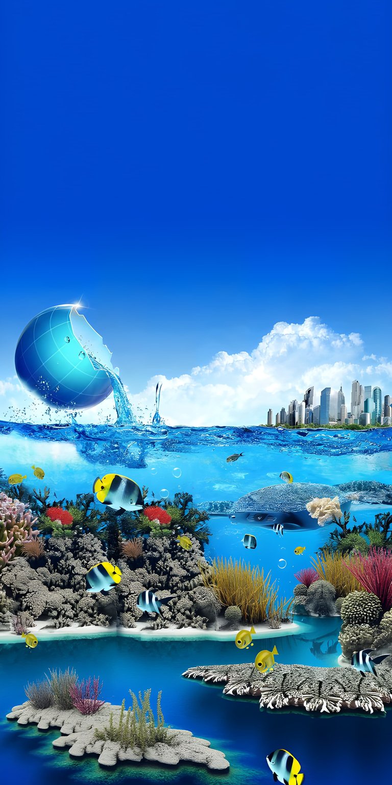 Download this stunning Underwater World 4K wallpaper for your iPhone, featuring a vibrant underwater scene. This wallpaper showcases colorful coral reefs, a broken earth globe pouring water, and a distant city skyline.