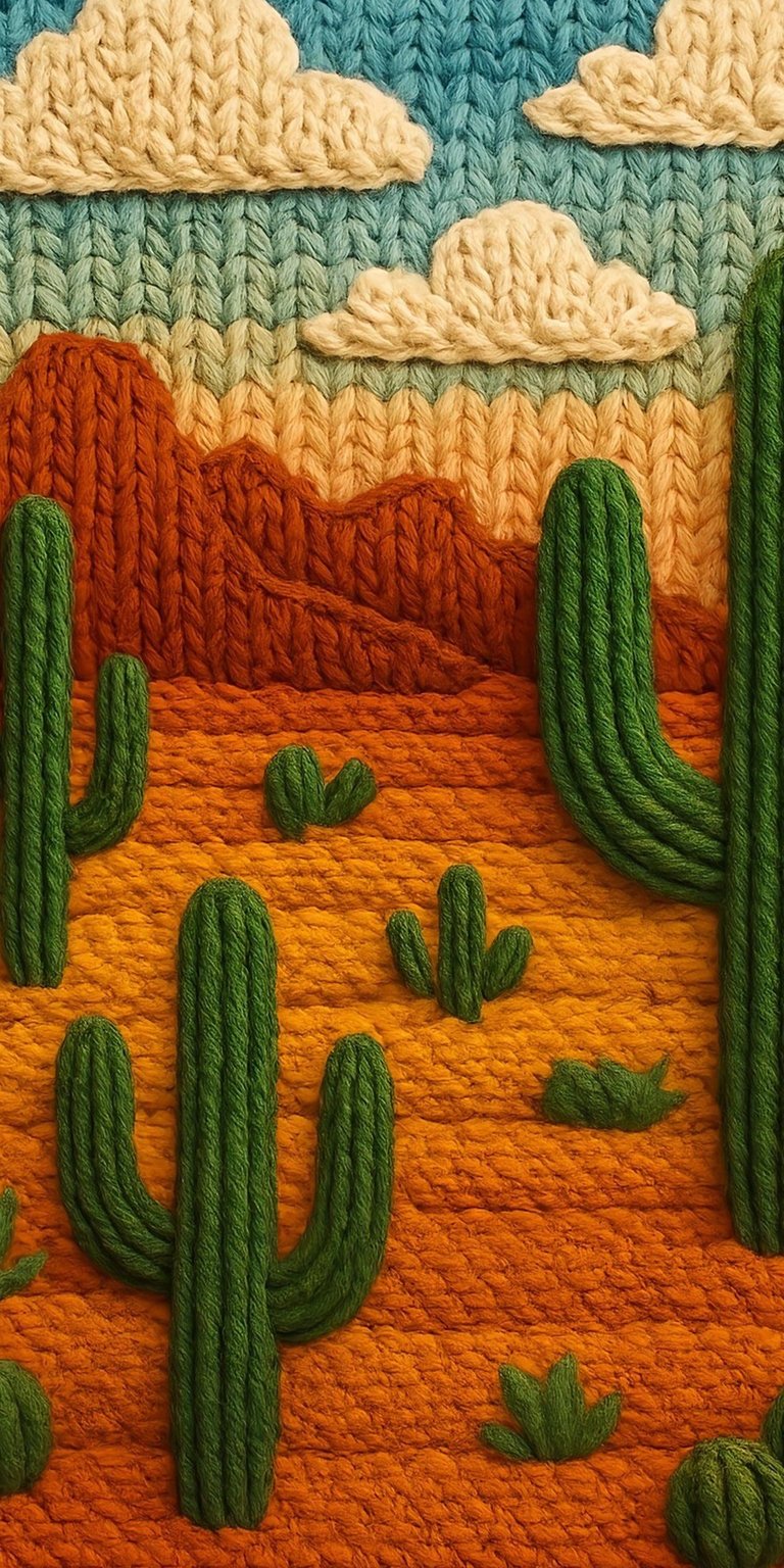 Download this unique cactus wallpaper in stunning 4K resolution for your iPhone. This intricate design features knitted cacti, yarn mountains, and fluffy clouds for a tactile, desert-themed aesthetic.