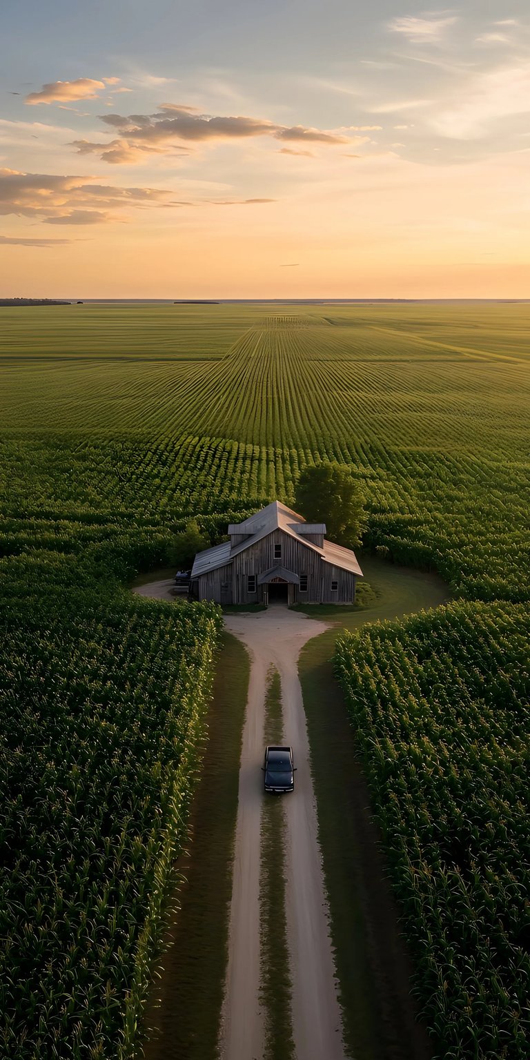 Download this stunning rural barn 4K wallpaper for your iPhone, showcasing a vintage barn nestled in a green field, under a beautiful sunset sky. The dirt road leads to the weathered barn, creating a captivating wallpaper for your device.